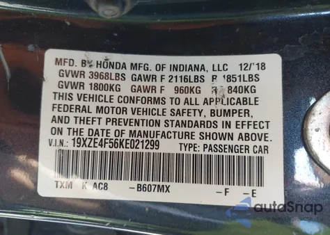 2019 Honda Insight Ex z USA, uszkodzony, nr VIN 19XZE4F56KE021299